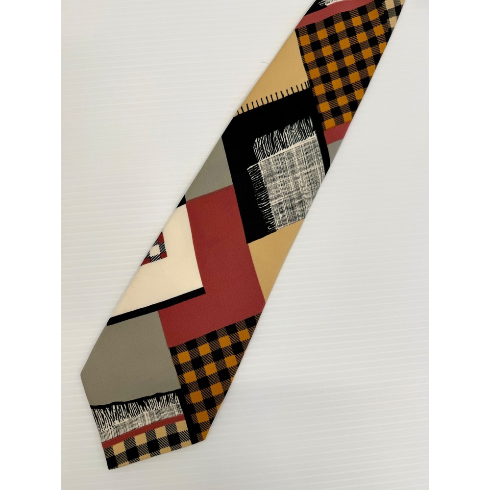 Lords Made in Italy Mens Geometric Patchwork Plaid Silk Tie Burgundy Tan Black